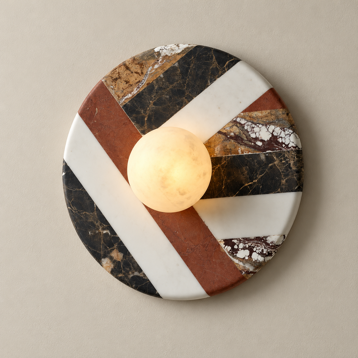 Battuto Minimalist Marble Wall Sconce on a warm greige background; Multicolour marble mosaic disc alabaster globe