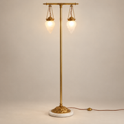 Priest Brass Floor Lamp with Marble Base on a warm greige background; Two pendant glass shade brass floor lamp