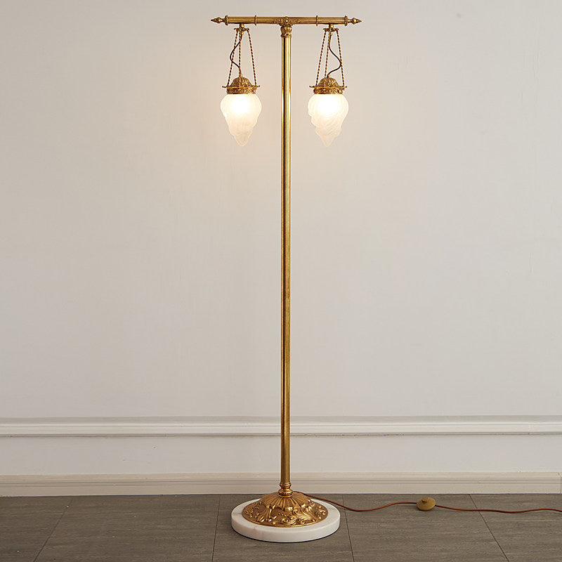 Priest Brass Floor Lamp with Marble Base — 2 heads L 50cm x H 176cm / L 19.7″ x H 69.3″; Brass & White