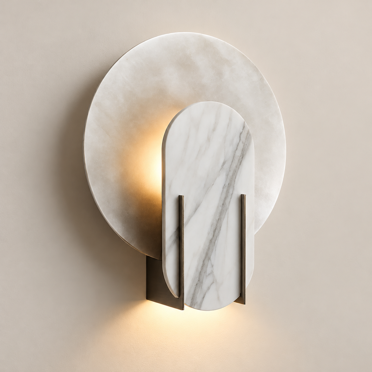 Alice Marble LED Wall Sconce on a warm greige background; White marble capsule and circular disk wall lamp