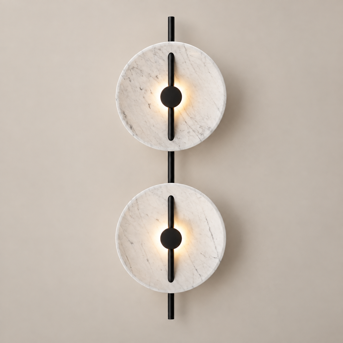 Twin Disc Marble LED Wall Sconce on a warm greige background; Two disc white marble vertical black wall lamp