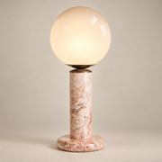 Lilly Pink Marble Traditional Table Lamp on a warm greige background; Pink & White