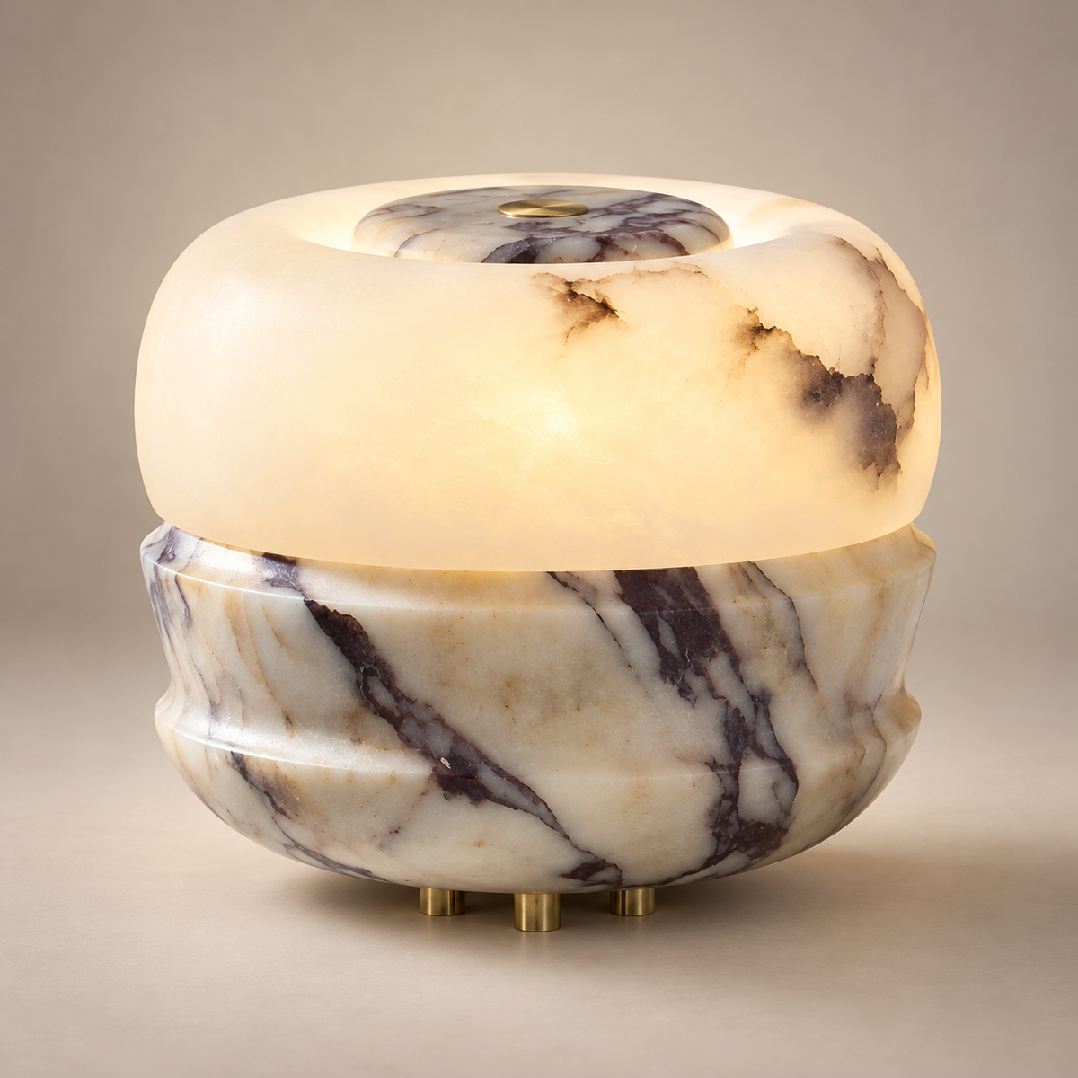 Ramson Organic Modern Stone Table Lamp on a warm greige background; Purple & White Alabaster