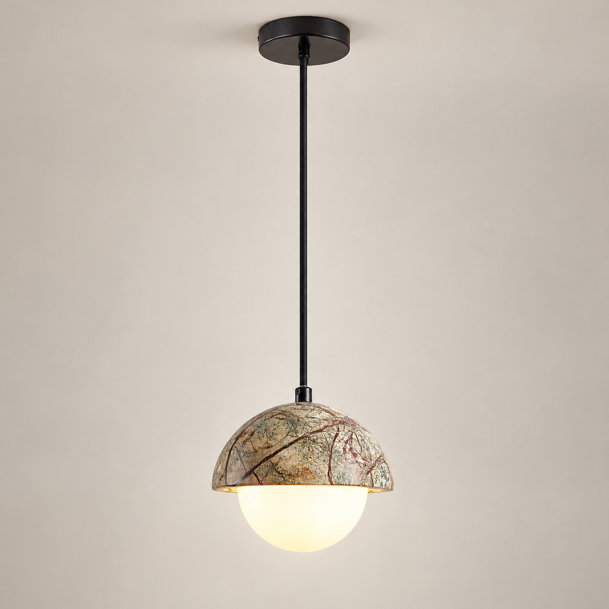 Kauri Marble Pendant Light on a warm greige background; Green