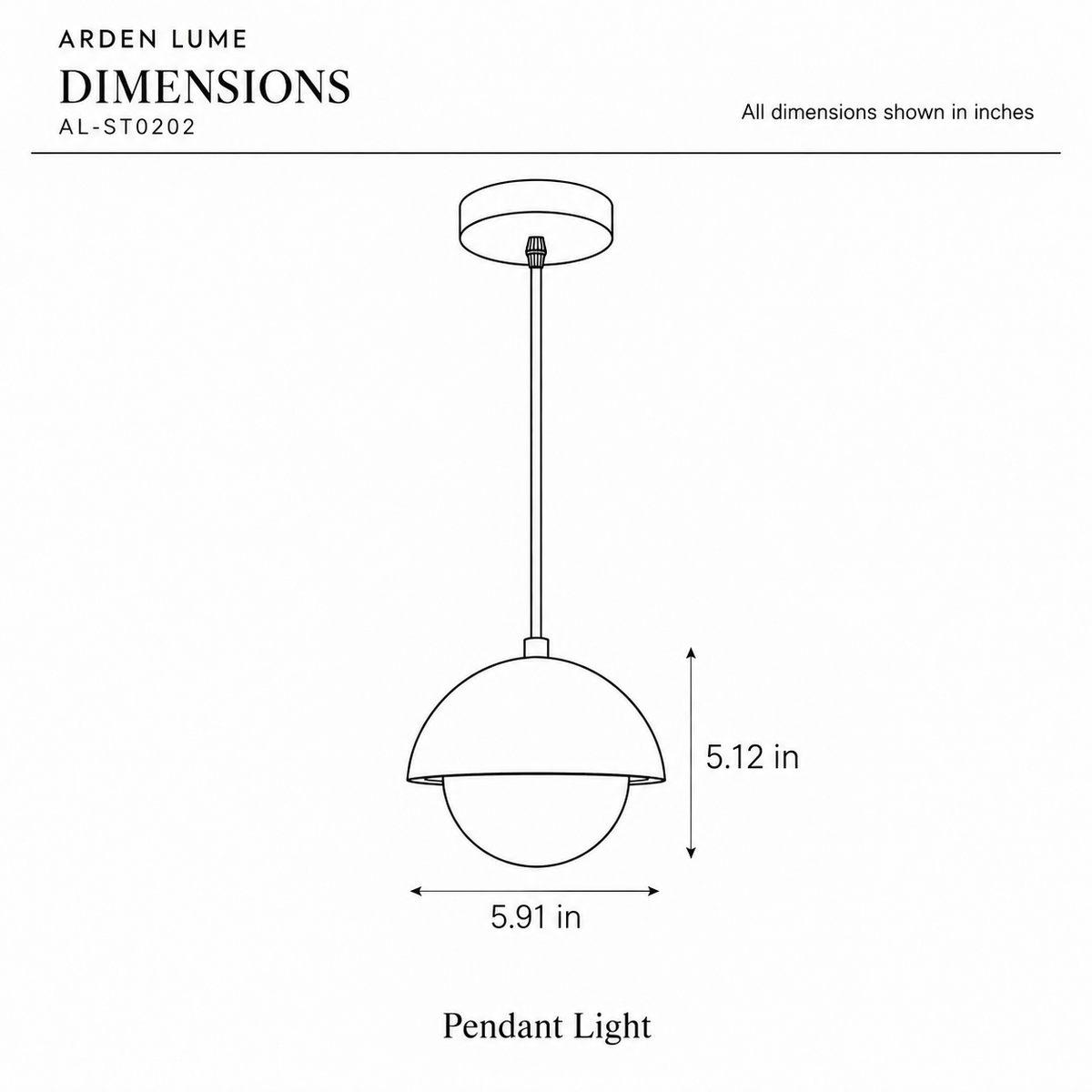 ARDEN LUME AL-ST0202 dimension diagram in inches
