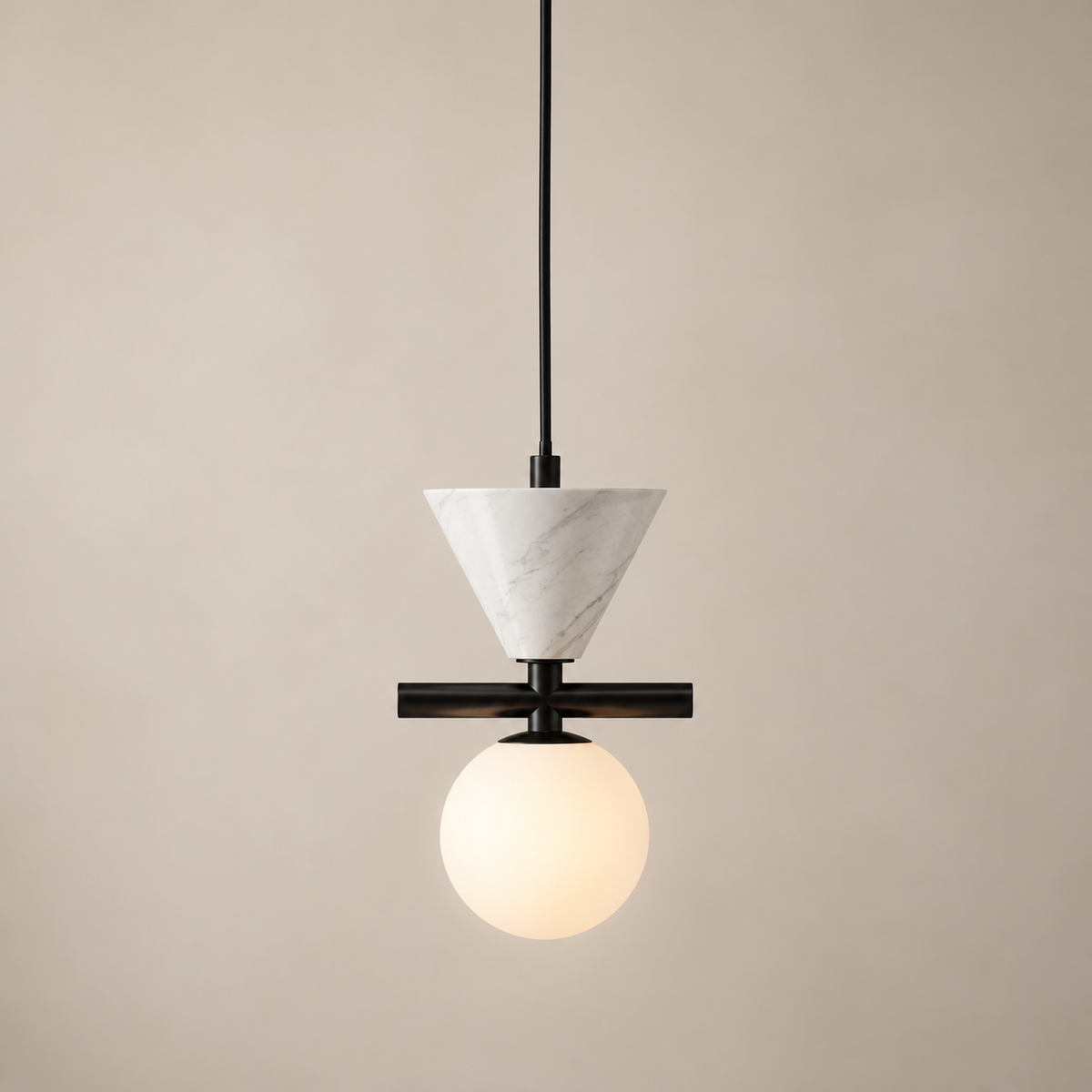 Oneta Marble Pendant Light on a warm greige background; Black & White