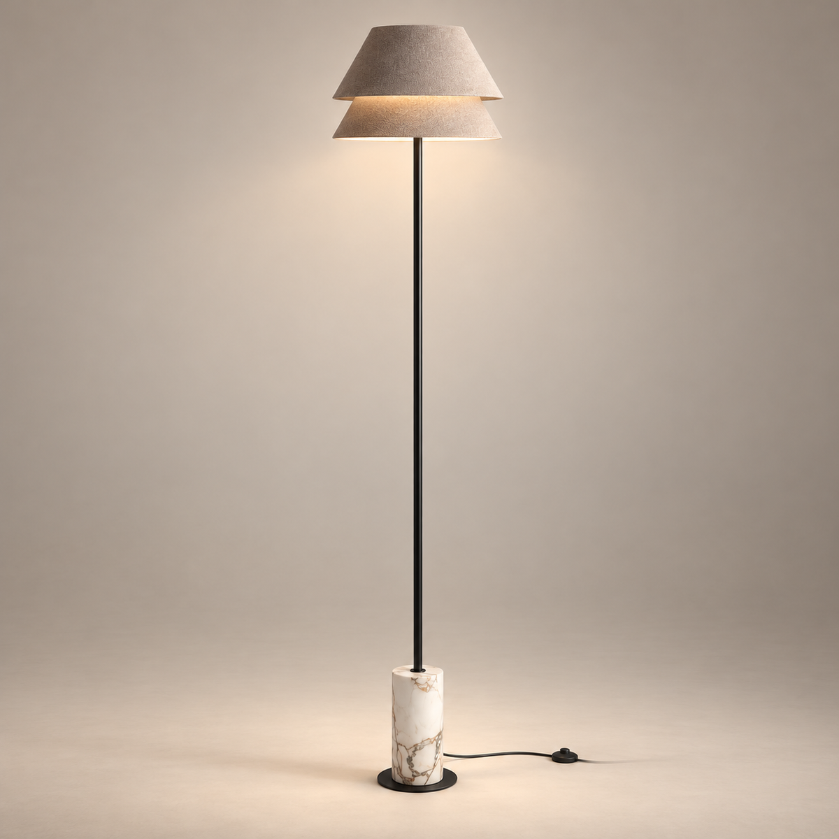 Kobi Metal Floor Lamp with Marble Base on a warm greige background; White Marble & Oatmeal color