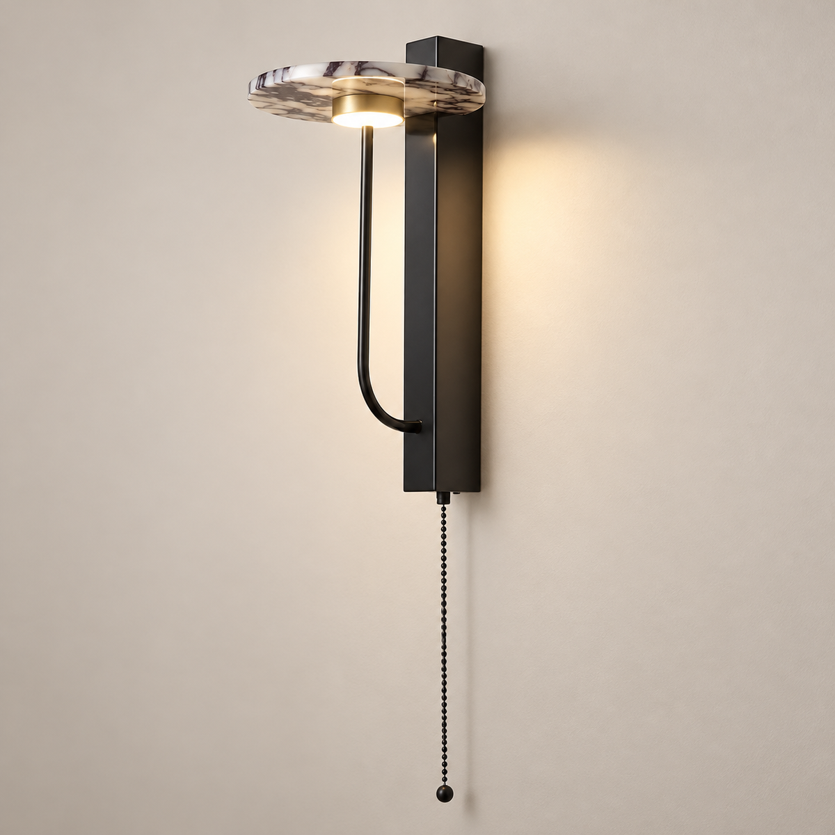 Aloa Marble LED Wall Sconce on a warm greige background; Black / purple-white marble disk