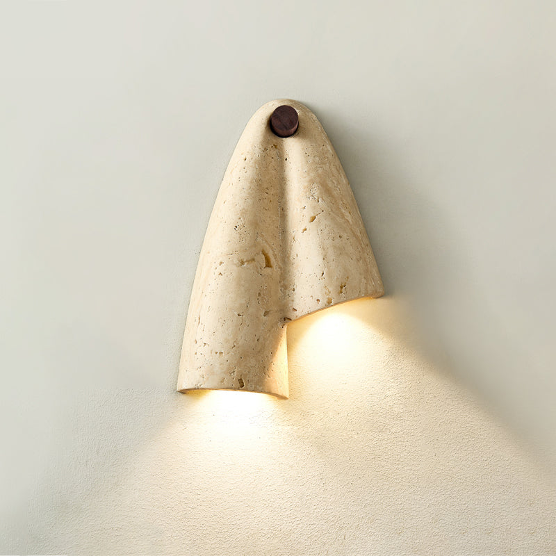Pearlmont Japandi Travertine Wall Sconce — 2 heads  Left & Downward: ∅ 7.5″ x W 2.6″ x H 10.6″; Beige