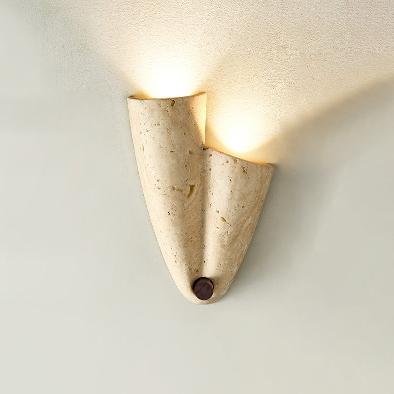 Pearlmont Japandi Travertine Wall Sconce — 2 heads  Left & Upward: ∅ 7.5″ x W 2.6″ x H 10.6″; Beige