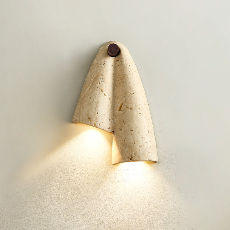 Pearlmont Japandi Travertine Wall Sconce — 2 heads  Right & Downward: ∅ 7.5″ x W 2.6″ x H 10.6″; Beige