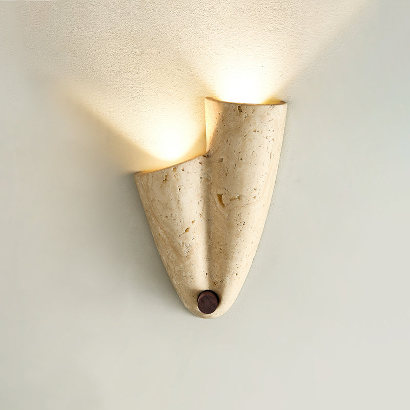 Pearlmont Japandi Travertine Wall Sconce — 2 heads  Right & Upward: ∅ 7.5″ x W 2.6″ x H 10.6″; Beige