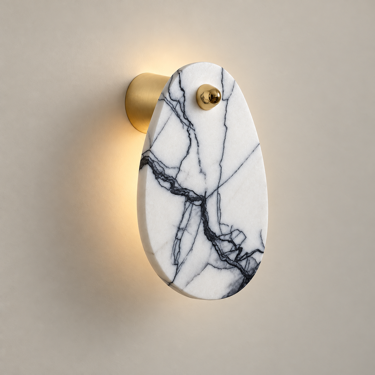 Aurora Organic Modern Marble Wall Sconce on a warm greige background; White / black-grey natural marble veins