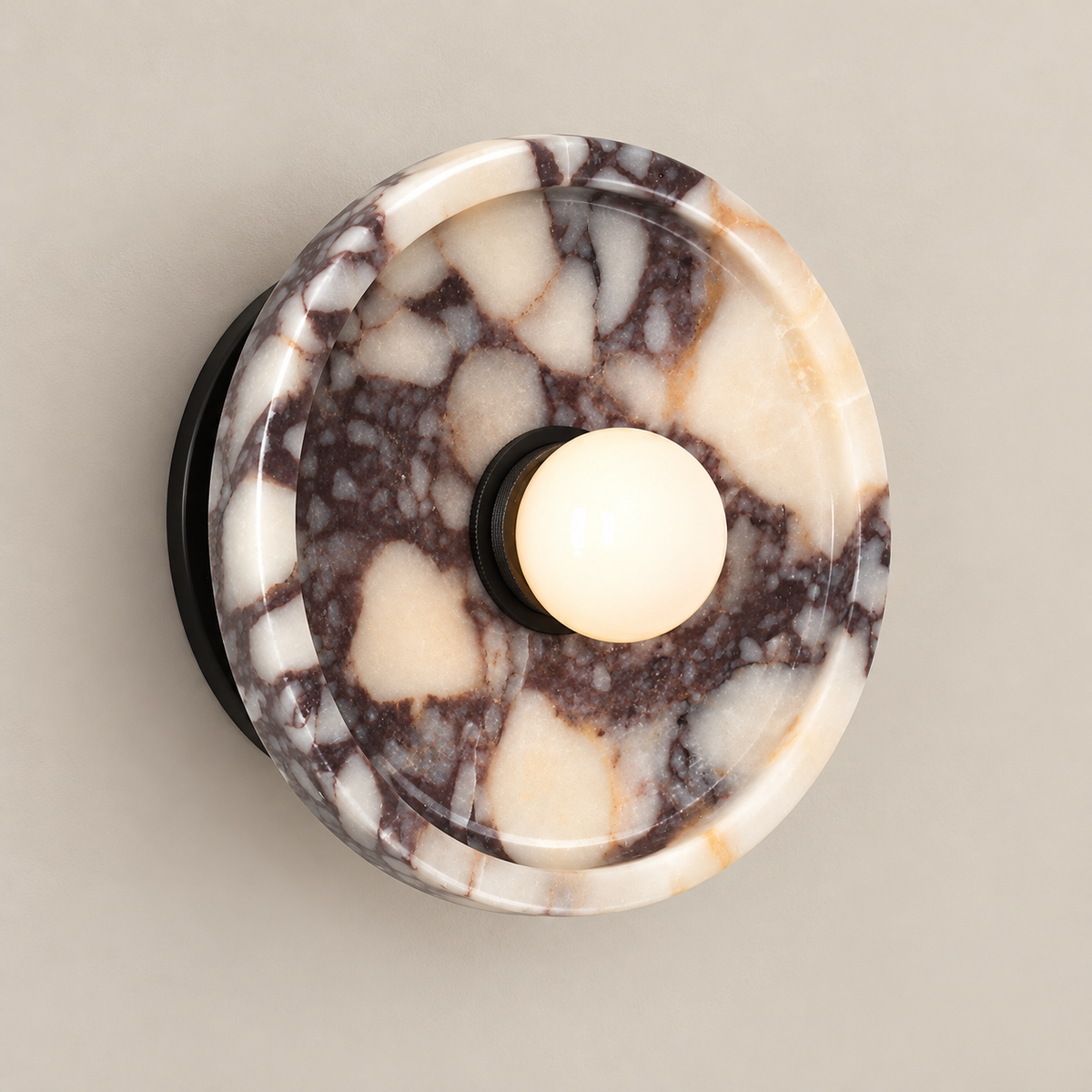 Viola Disc Marble Wall Sconce on a warm greige background; Black & Purple Marble