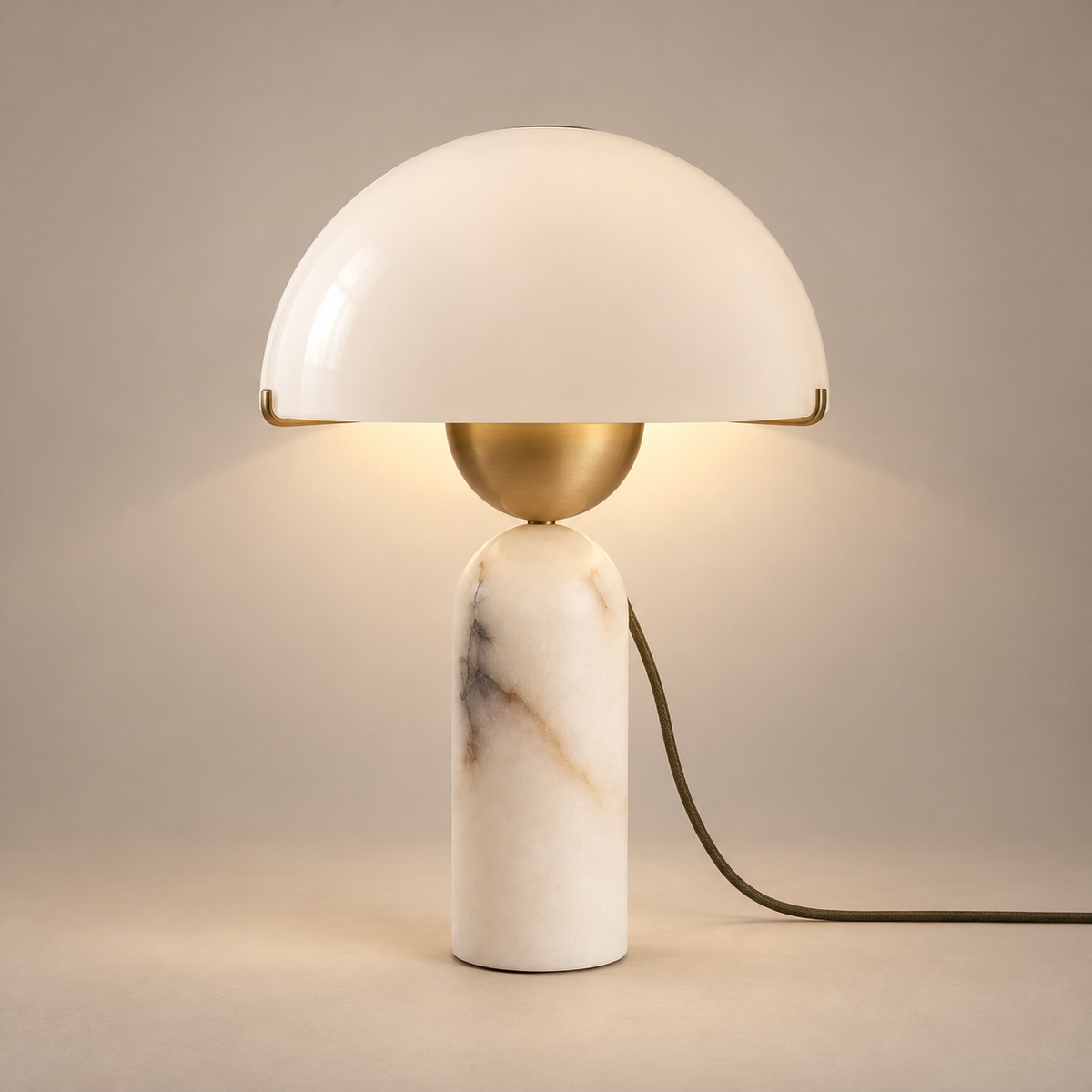 Peono Stone and Gold-Finished Metal Table Lamp on a warm greige background