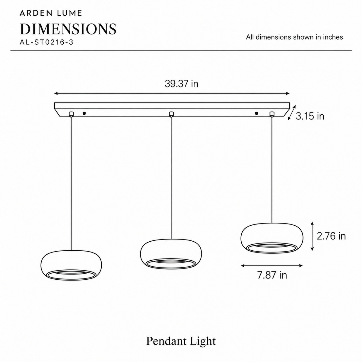 ARDEN LUME AL-ST0216-3 dimension diagram in inches
