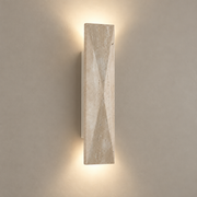 Tropez Japandi Travertine Wall Sconce on a warm greige background; Single appearance