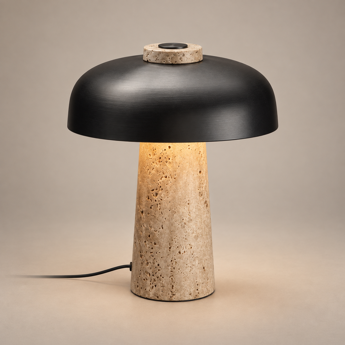 Carla Japandi Travertine Table Lamp on a warm greige background; Brown & Black