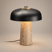 Carla Japandi Travertine Table Lamp on a warm greige background; Brown & Black