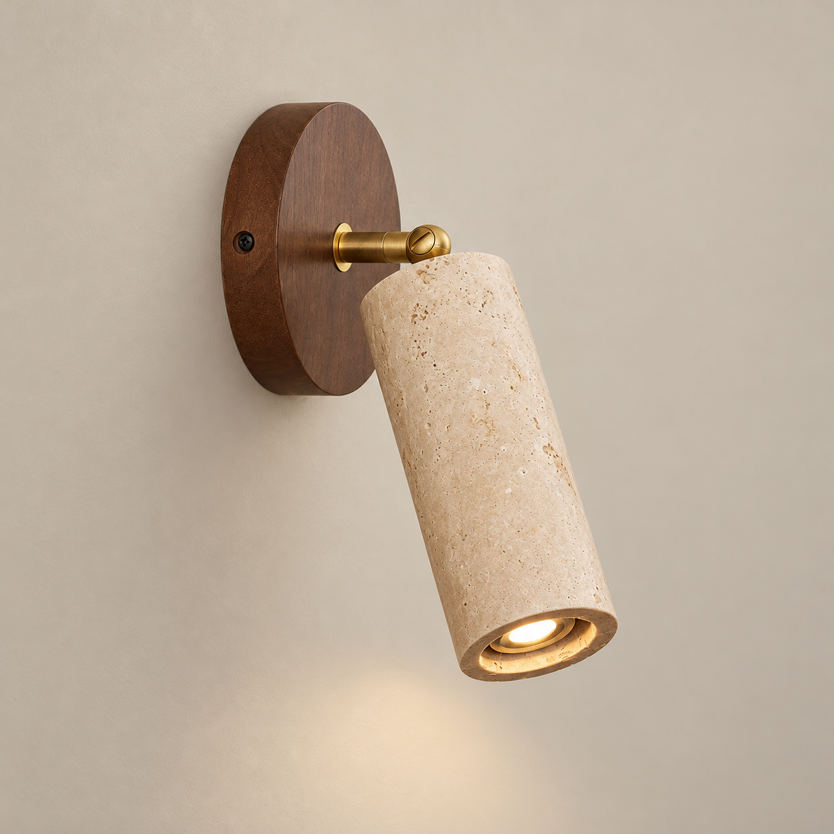 Mireille Japandi Travertine Wall Sconce on a warm greige background; Walnut & Beige