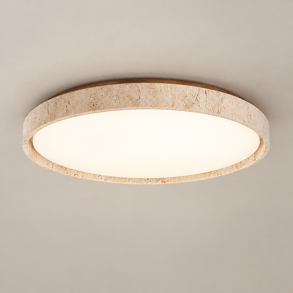 Ultra-Thin Round Travertine LED Ceiling Light on a warm greige background; Walnut & Beige, 43 cm