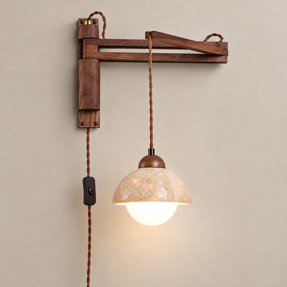 Tia Japandi Travertine Swing Arm Plug-In Wall Sconce on a warm greige background; Model A, Walnut & Beige