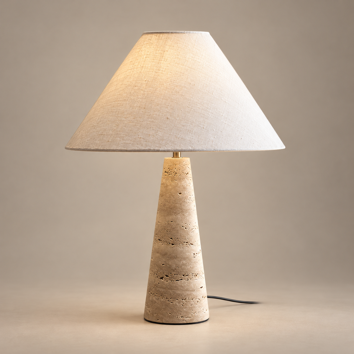 Lulu Japandi Travertine Table Lamp on a warm greige background; White & Cream