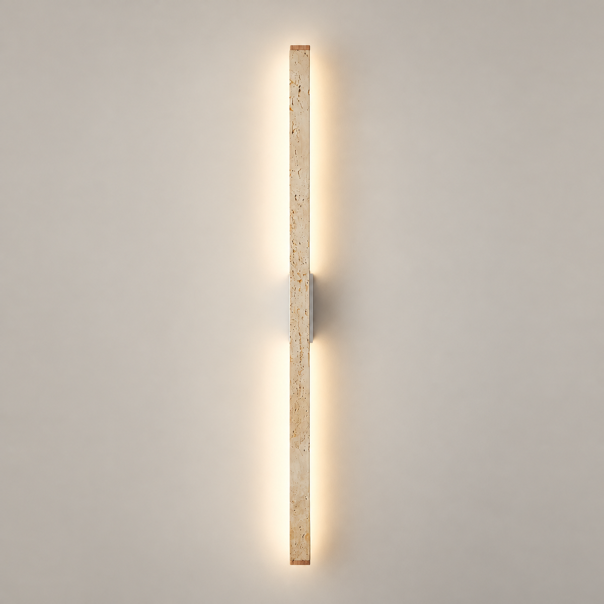 Prometheus Travertine LED Wall Sconce on a warm greige background; Beige