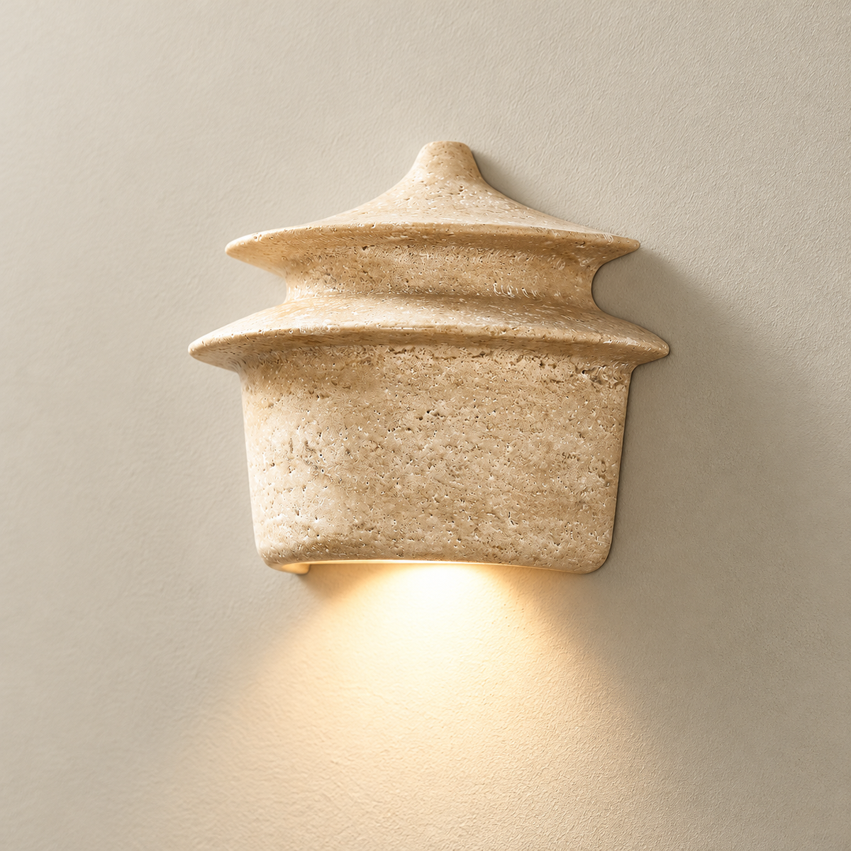 Mya Japandi Travertine Wall Sconce on a warm greige background; Model A, Beige