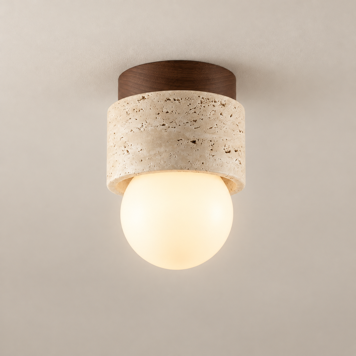 Davise Travertine Flush-Mount Ceiling Light on a warm greige background; Beige & White