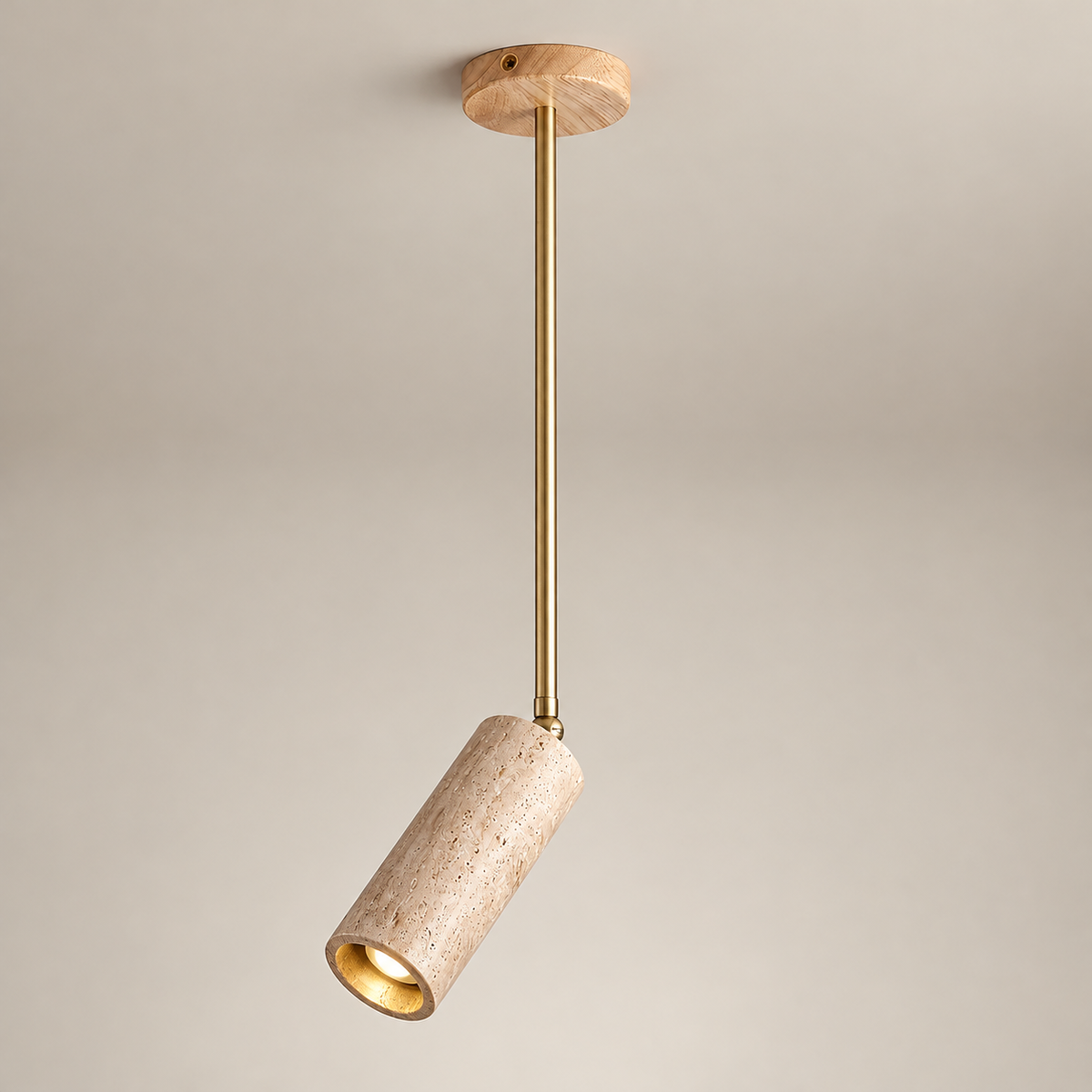 Sally Travertine Surface-Mount Ceiling Light on a warm greige background; Beige & Gilded Iron, 60 cm rod