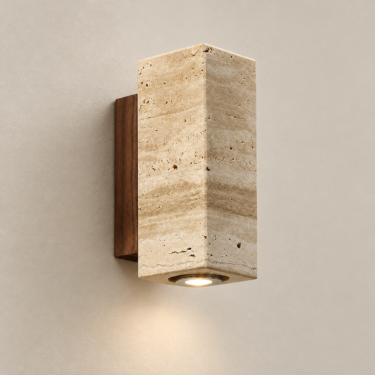 Marec Travertine Wall Sconce on a warm greige background; Walnut & Beige / square