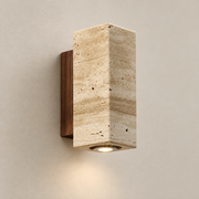 Marec Travertine Wall Sconce on a warm greige background; Walnut & Beige / square