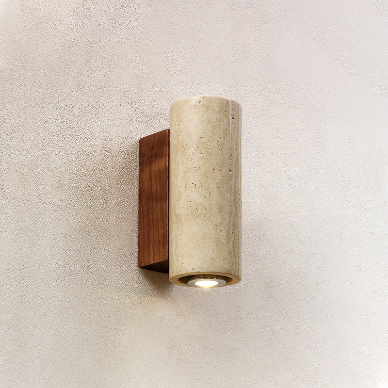 Marec Travertine Wall Sconce — D 6.5cm x W 8.5cm x H 16cm / ∅ 2.6″ x W 3.3″ x H 6.3″; Walnut color & Beige