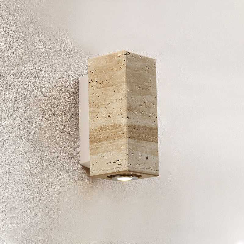 Marec Travertine Wall Sconce — L 6.5cm x W 9.5cm x H 16cm / L 2.6″ x W 3.7″ x H 6.3″; White & Beige