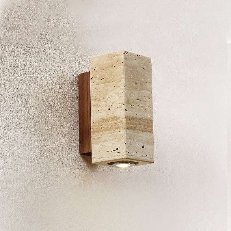 Marec Travertine Wall Sconce — L 6.5cm x W 9.5cm x H 16cm / L 2.6″ x W 3.7″ x H 6.3″; Walnut color & Beige