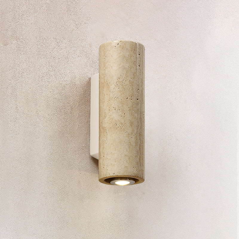 Marec Travertine Wall Sconce — D 6.5cm x W 8.5cm x H 23cm / ∅ 2.6″ x W 3.3″ x H 9.1″; White & Beige