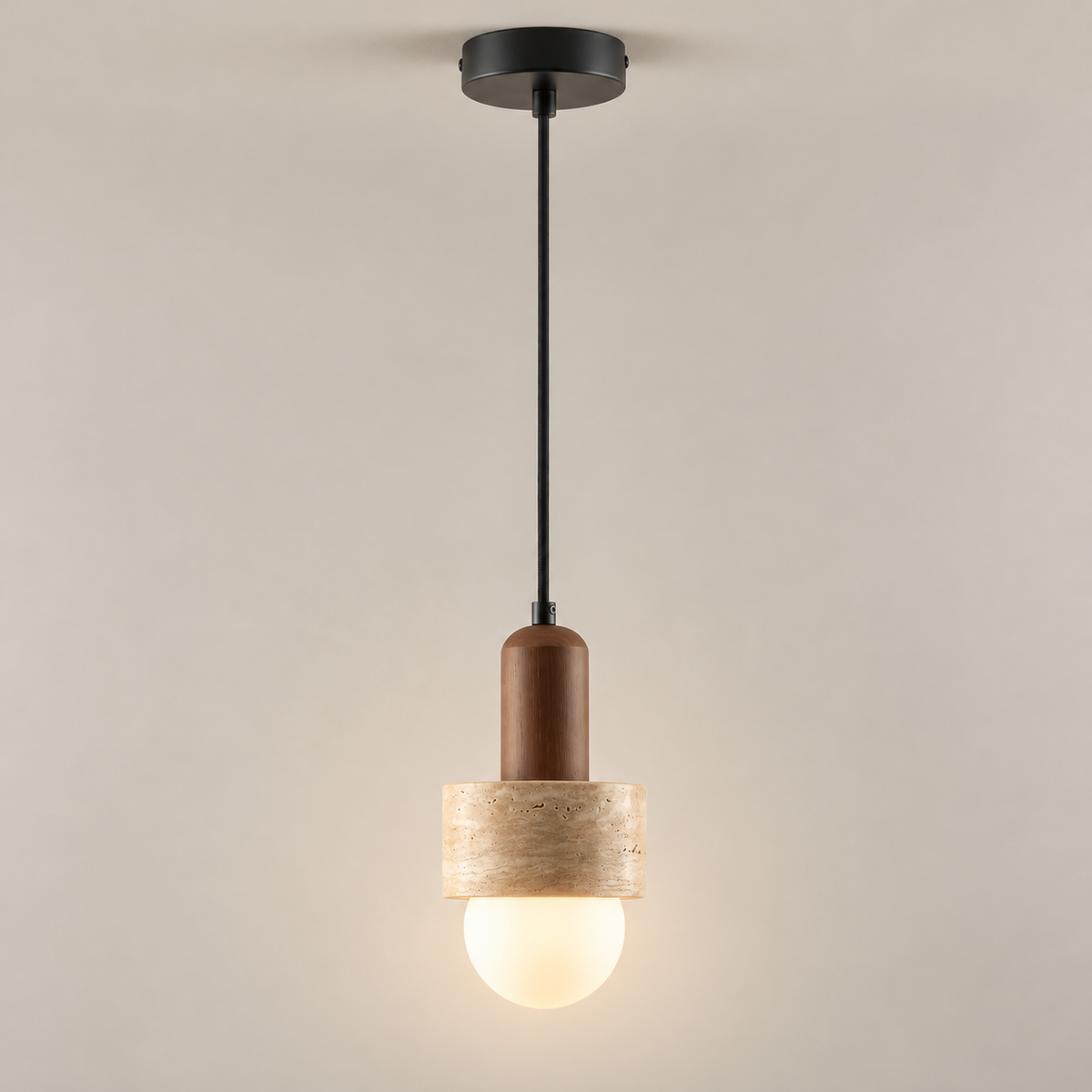 Davise Travertine Globe Pendant Light on a warm greige background; Walnut & Beige
