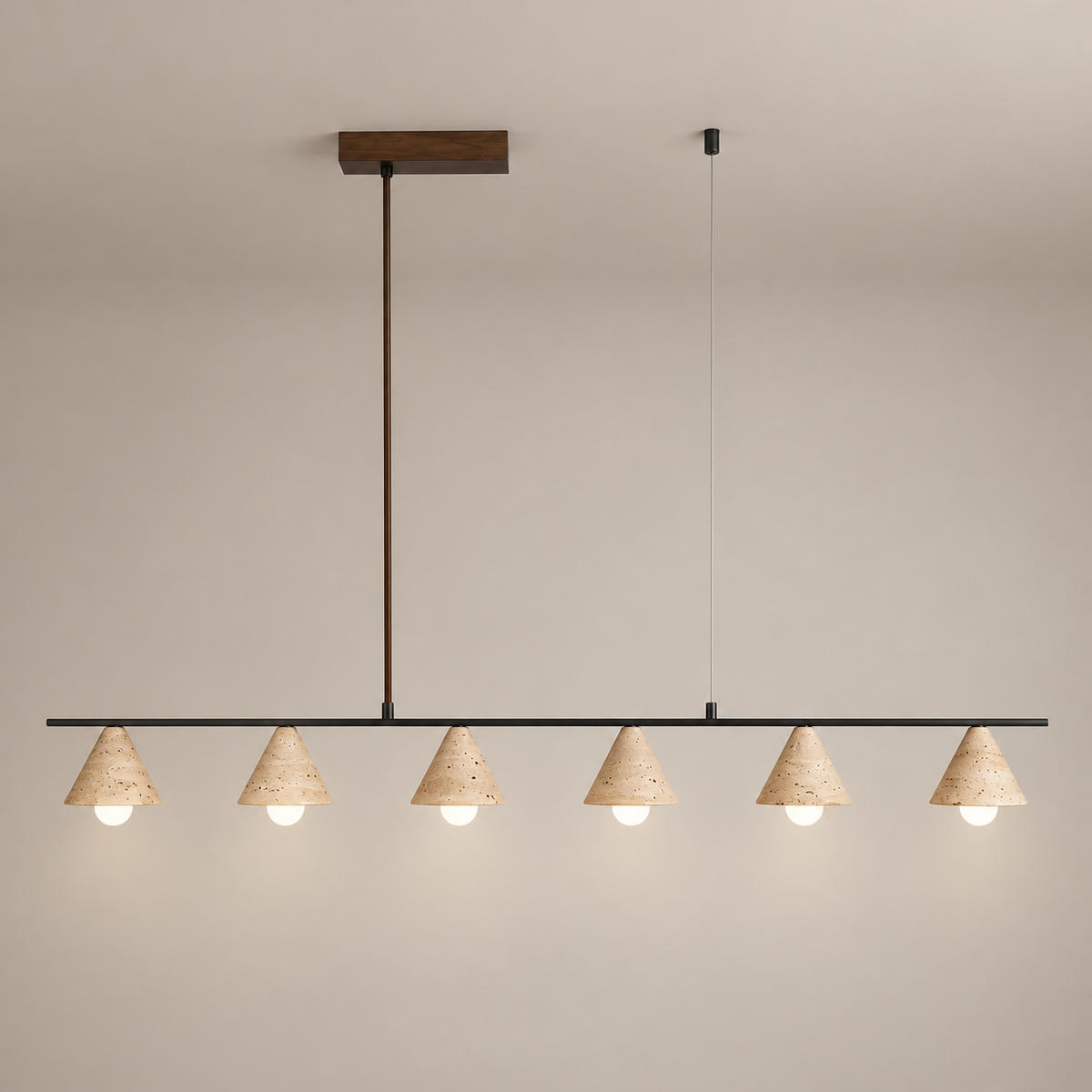 Aldex Travertine Pendant Light on a warm greige background; Walnut & Beige / 6 heads