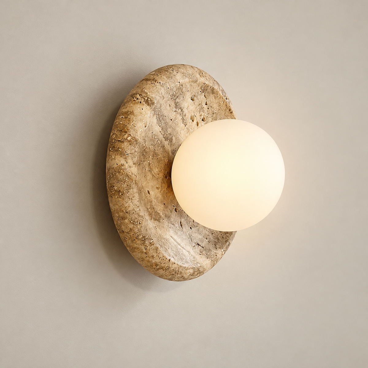 Apricity Japandi Travertine Wall Sconce on a warm greige background; Beige & White