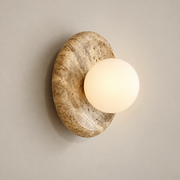 Apricity Japandi Travertine Wall Sconce on a warm greige background; Beige & White