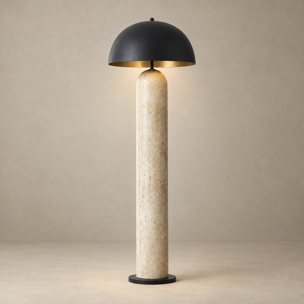 Portia Travertine Floor Lamp on a warm greige background; Beige & Black