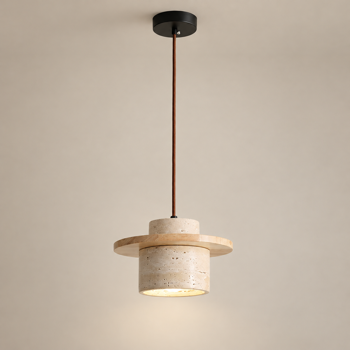 Stonova Duo Travertine Pendant Light on a warm greige background; Beige & Wood color
