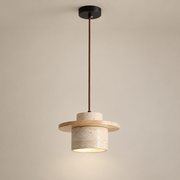 Stonova Duo Travertine Pendant Light on a warm greige background; Beige & Wood color