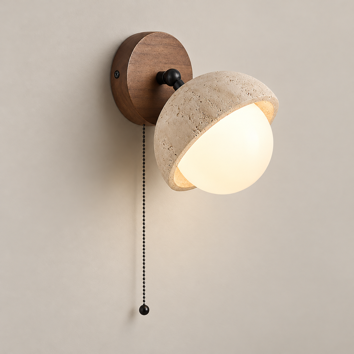 Ollina Japandi Travertine Wall Sconce on a warm greige background; Walnut color & Beige / Pull cord switch