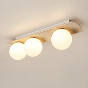 Bianca Globe Travertine Ceiling Light on a warm greige background; Beige & White glass / 3 heads