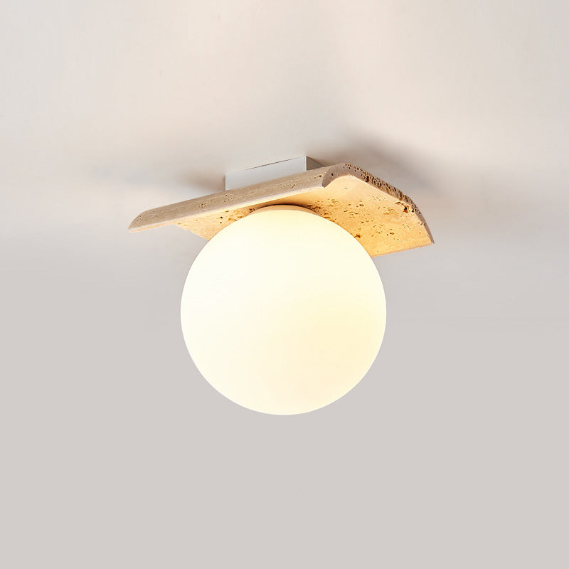 Bianca Globe Travertine Ceiling Light — 1 head L 17cm x W 16cm x H 20cm / L 6.7″ x W 6.3″ x H 7.9″; Beige & White glass