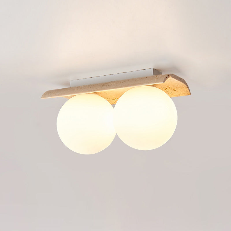 Bianca Globe Travertine Ceiling Light — 2 heads L 33cm x W 16cm x H 20cm / L 13″ x W 6.3″ x H 7.9″; Beige & White glass