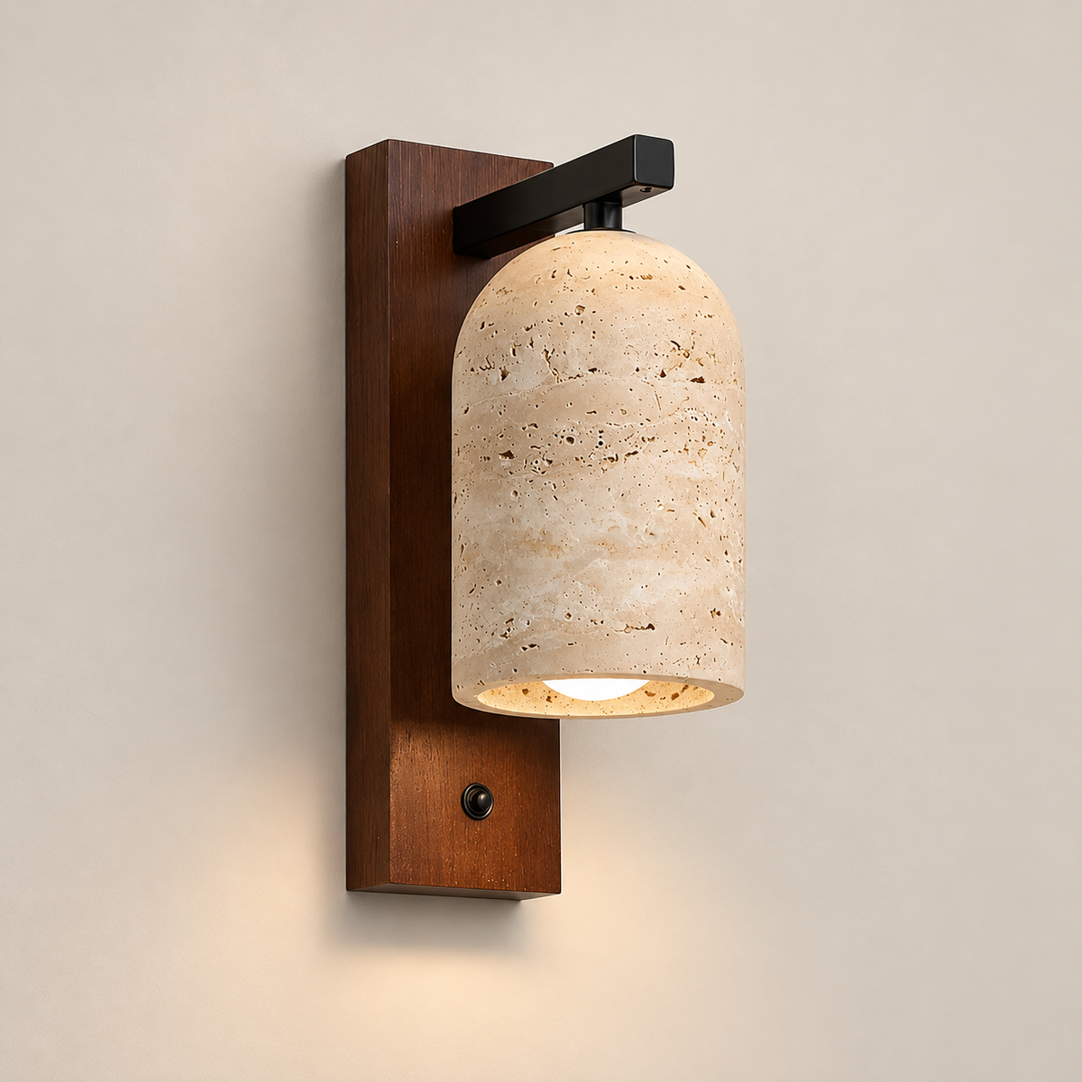 Mirabelle Travertine Wall Sconce on a warm greige background; Beige & Walnut color