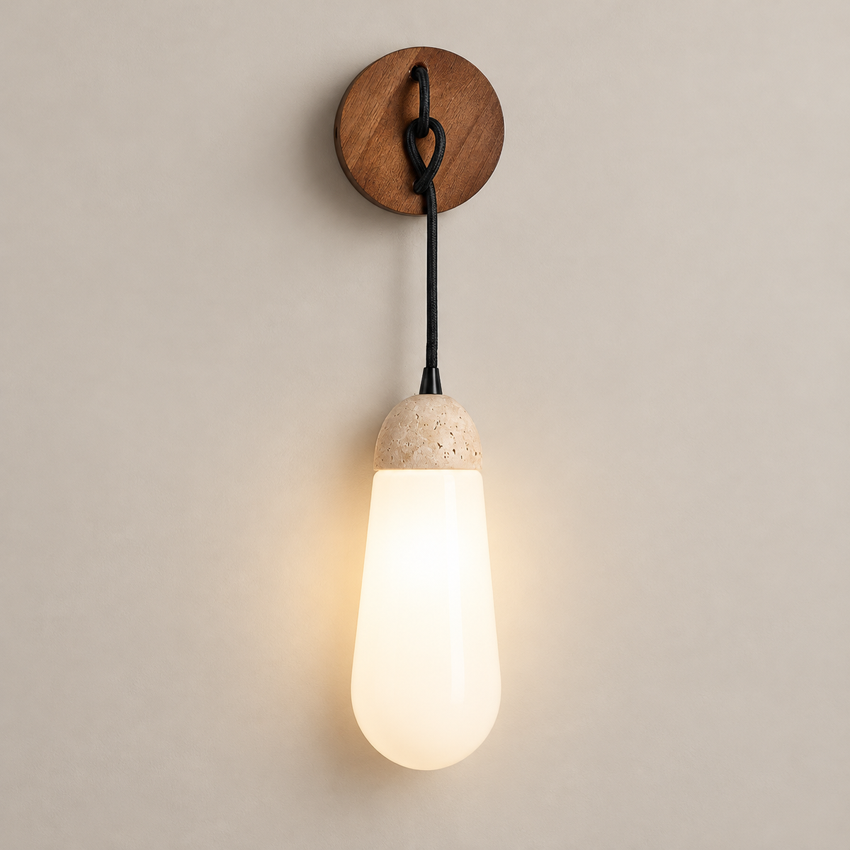 Denton Travertine Wall Sconce on a warm greige background; Beige & White glass